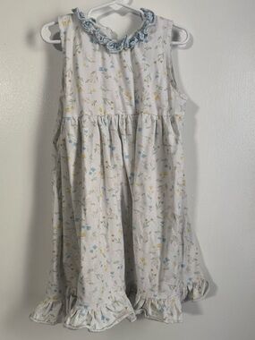 Kids Sleeveless Floral Ruffle Dress - White with Blue & Yellow Floral